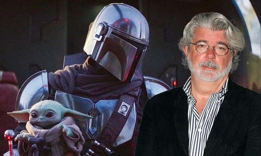 Foto de George Lucas con baby Yoda